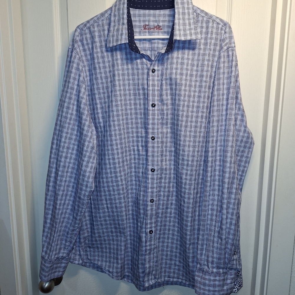 Tasso Elba Mens Blue Checkered Button Down Shirt XL